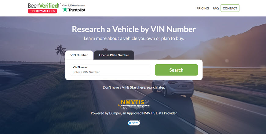 BeenVerified VIN search homepage
