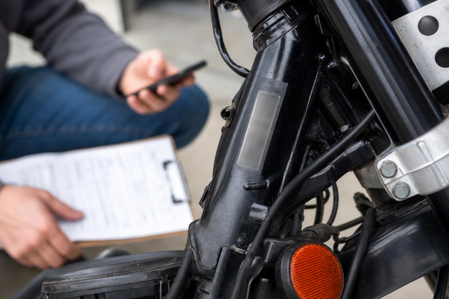 Motorcycle VIN check guide with frame and paperwork