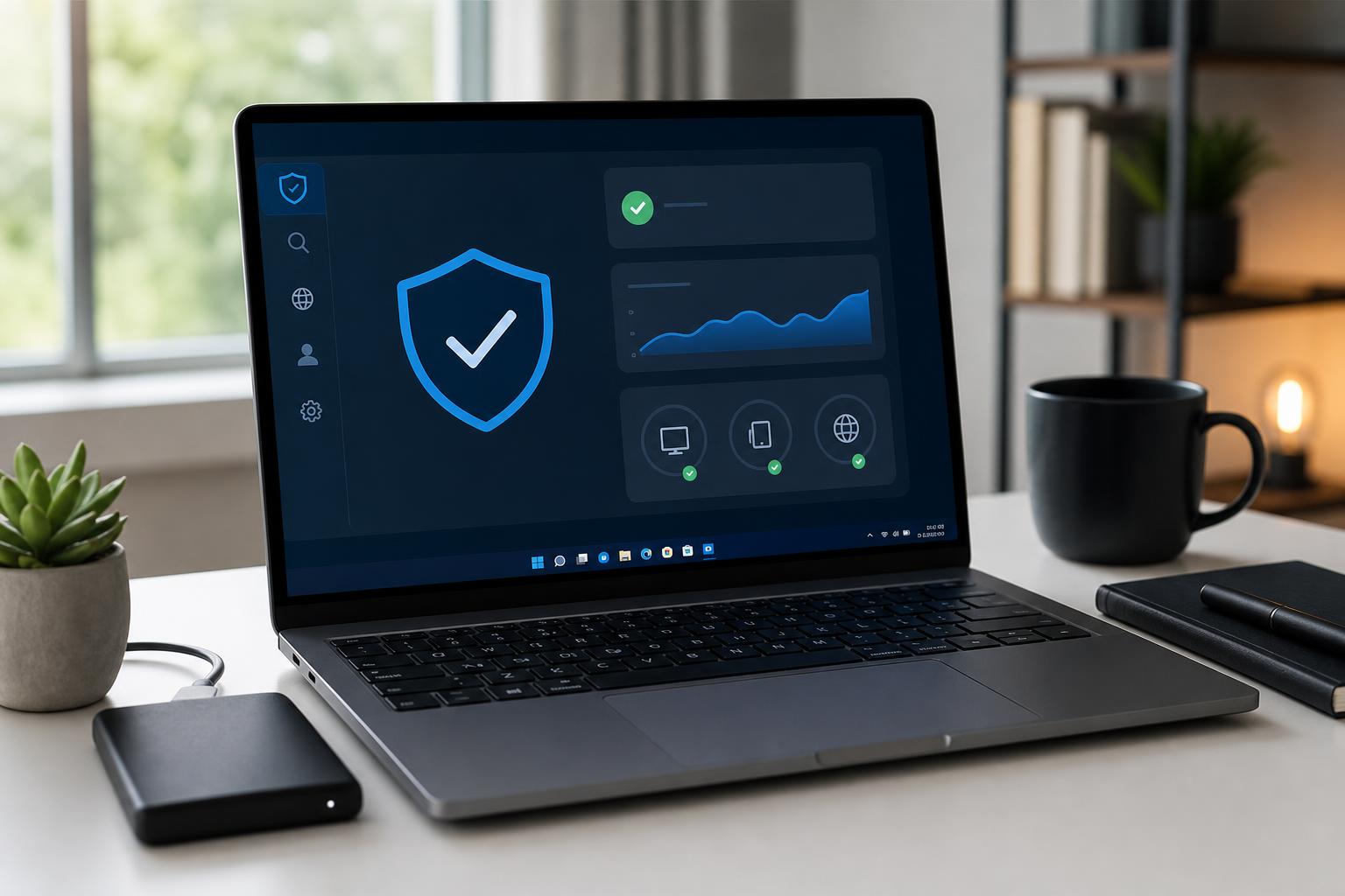 Windows antivirus guide with laptop security dashboard